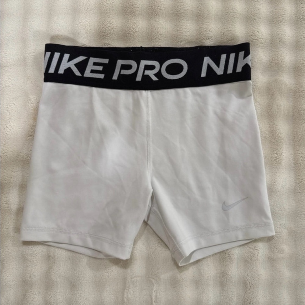 Nike White Compression Bike Shorts with Black Branded Waistband